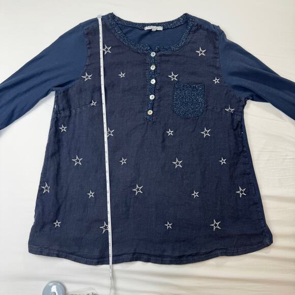 Tempo Paris Navy Star Cotton Linen Blend Blouse Women's Medium Celestial Boho - Picture 12 of 13